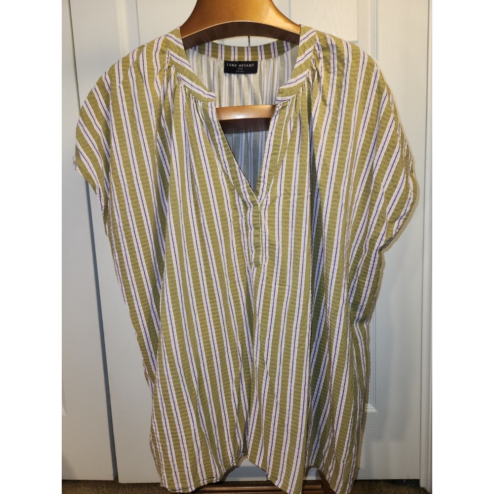 Lane‎ Bryant Womens Plus 26/28 V-Neck Short Sleeve Casual Green Striped Top